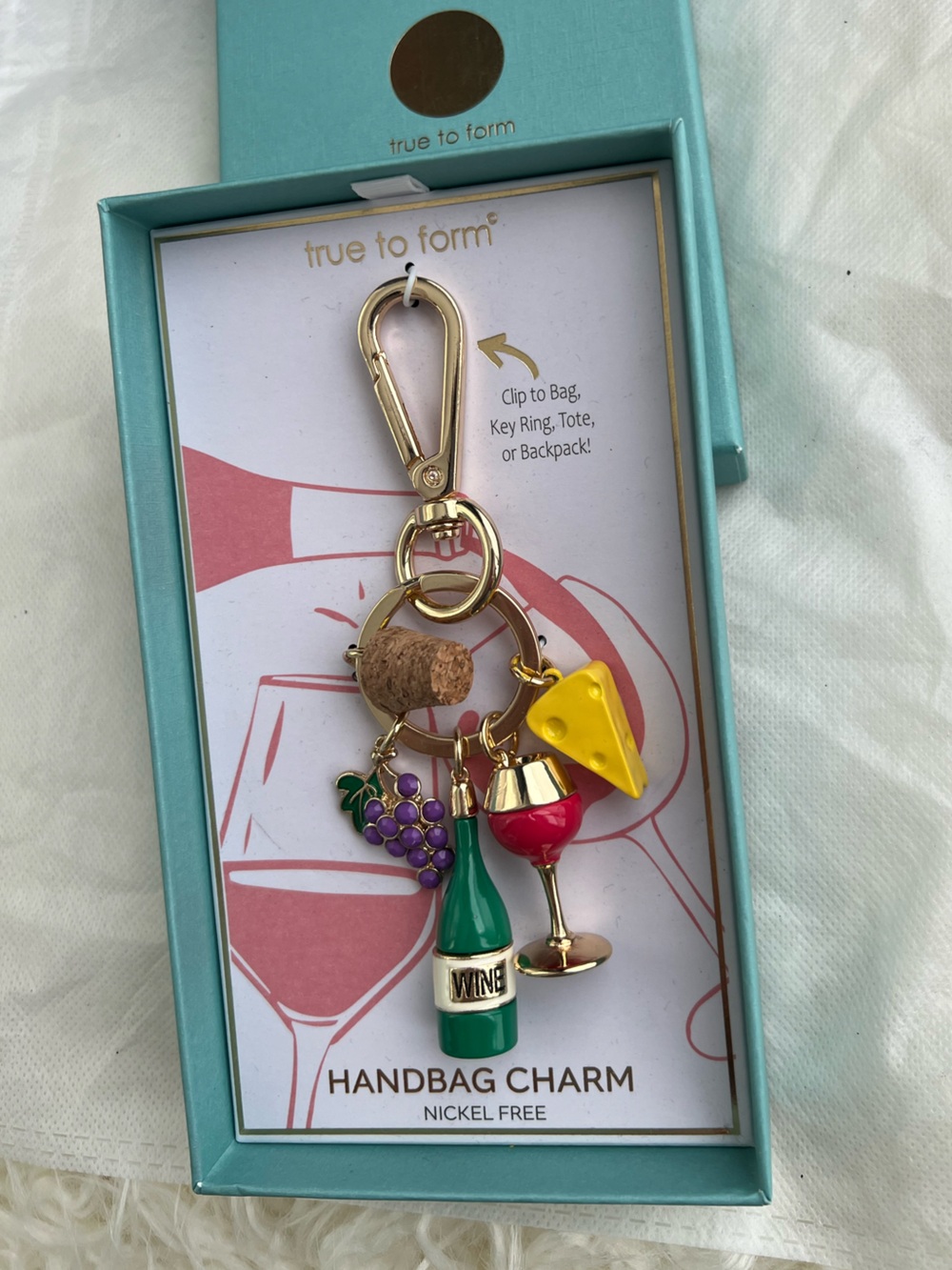 True to Form Gold Wine & Cheese Handbag Charm - Yellow, Green, Purple, Red